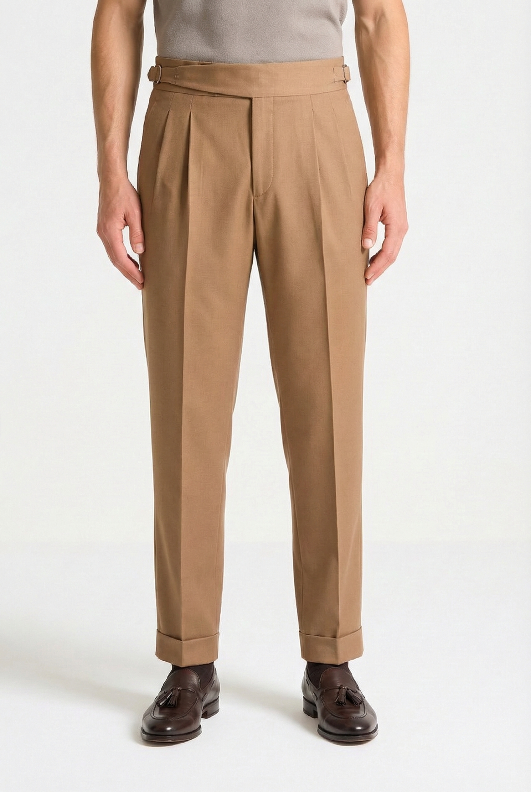 Men's Relaxed Fit Twin-Pleat Trousers - Tailored High-Waist Design with Back Welt Pockets