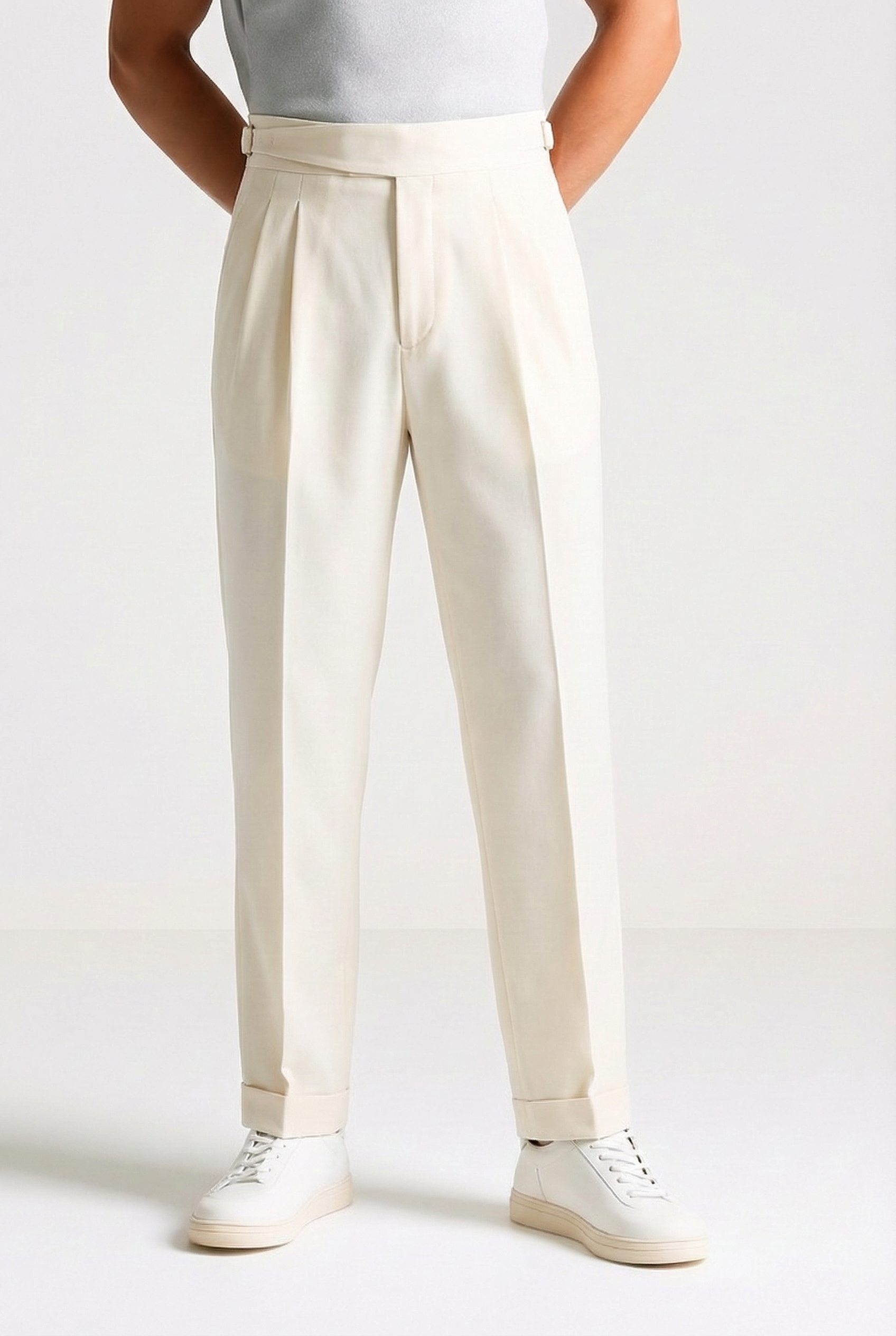 Men's Relaxed Fit Twin-Pleat Trousers - Tailored High-Waist Design with Back Welt Pockets
