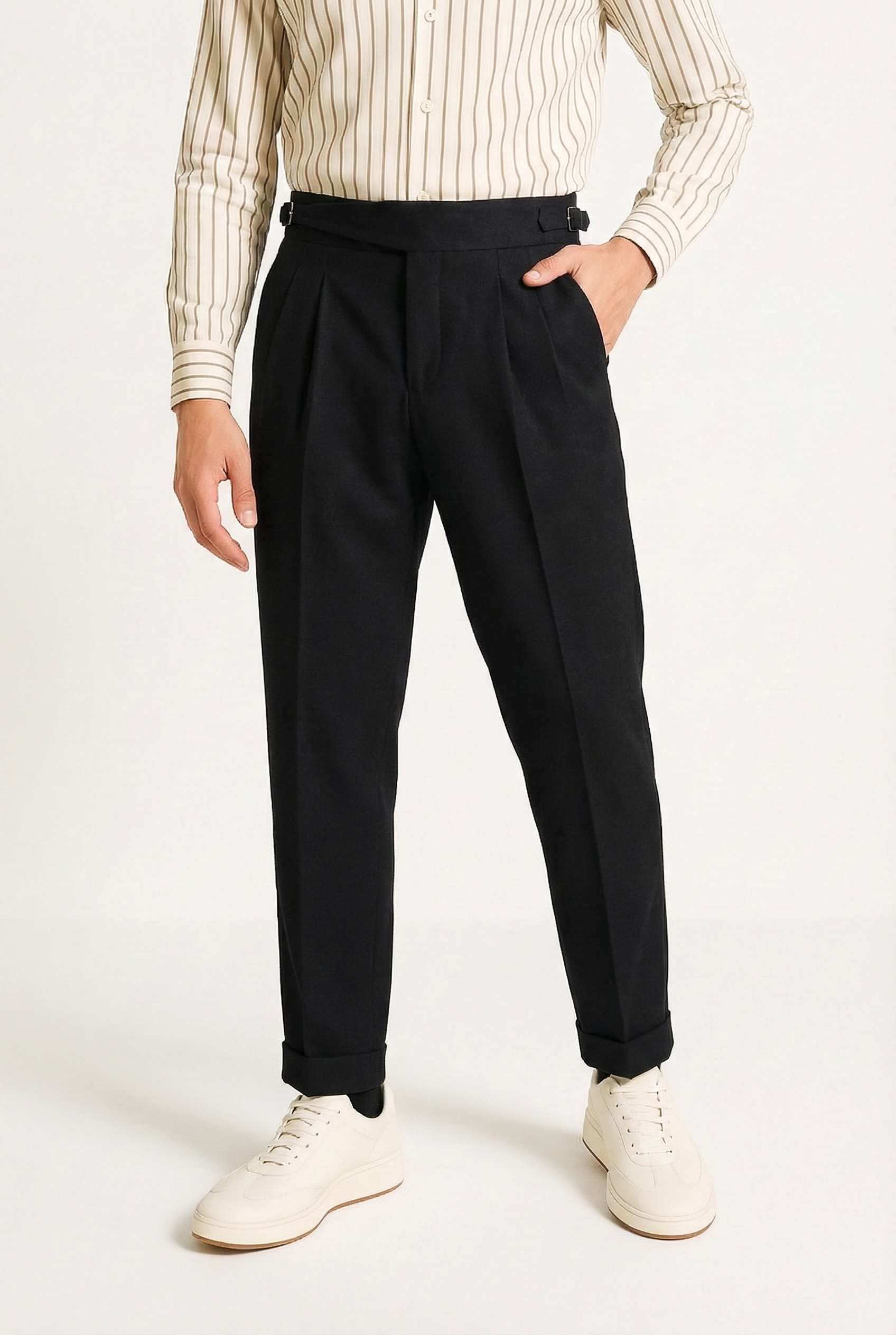 Men's Relaxed Fit Twin-Pleat Trousers - Tailored High-Waist Design with Back Welt Pockets
