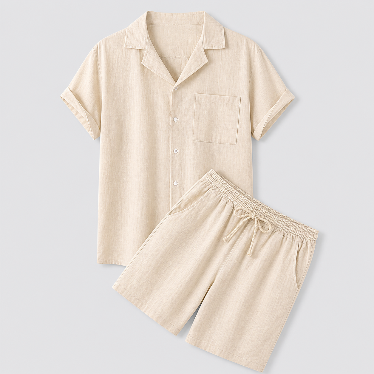 Beige linen shirt and shorts set on a light gray background