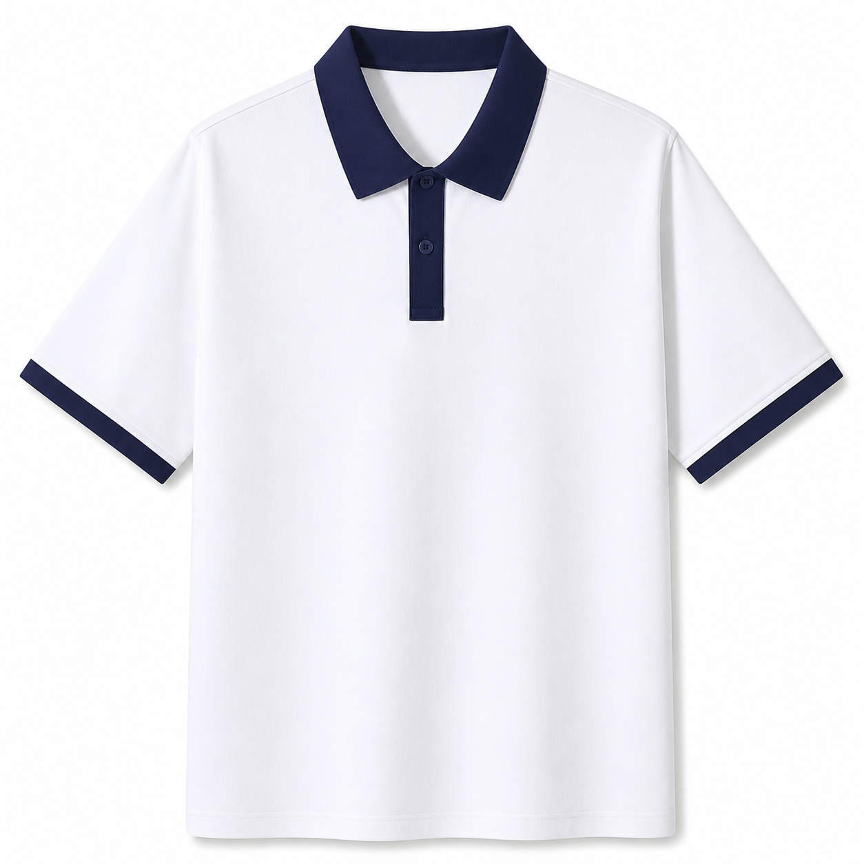 White polo shirt with navy accents on a white background