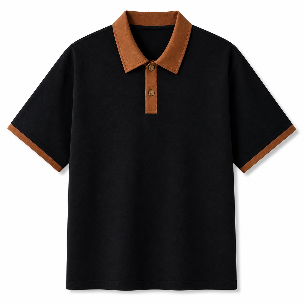 Black polo shirt with brown collar and buttons on a white background