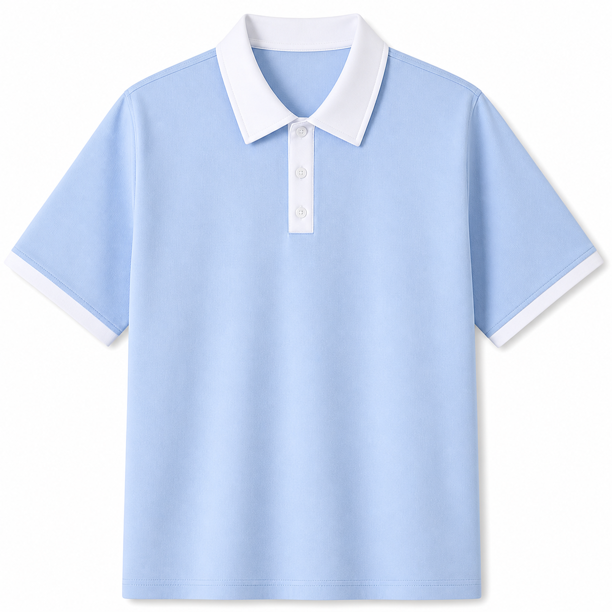 Light blue polo shirt with white collar and buttons on a white background