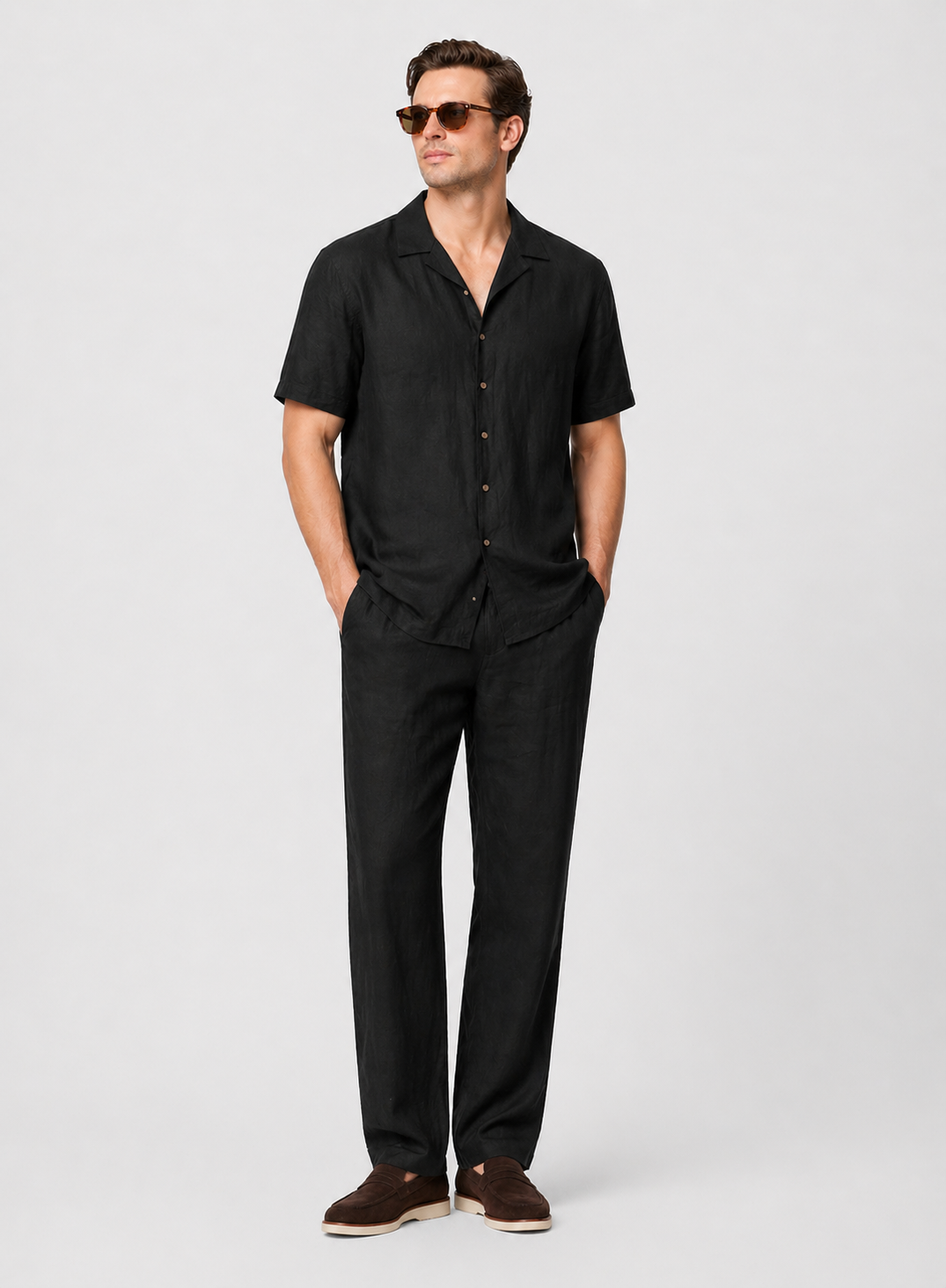 Men's black linen two-piece set: short-sleeve shirt with open collar and straight-leg pants.