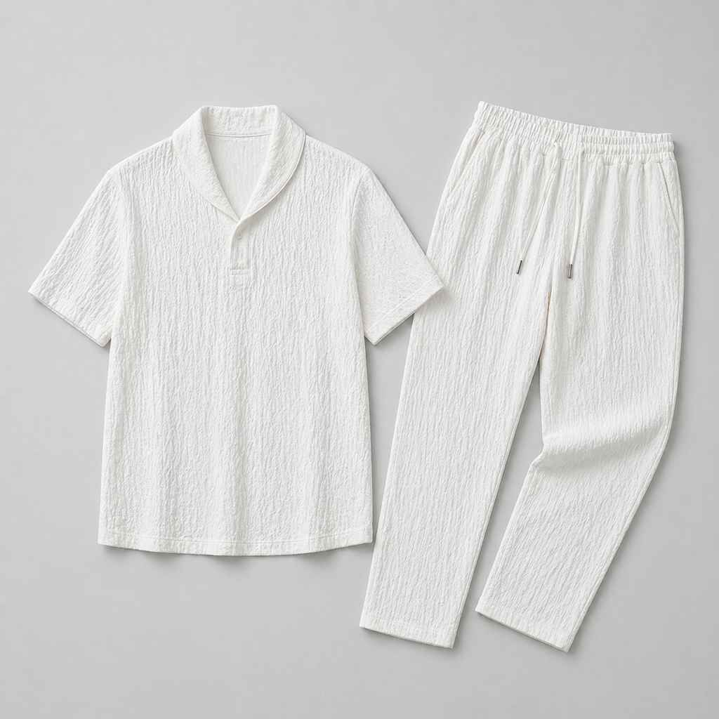 White textured shirt and pants set on a gray background